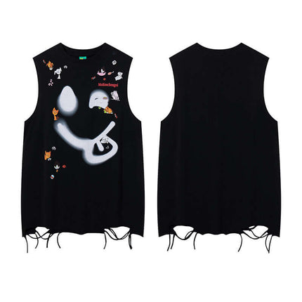 Smiley Graffiti Print Sleeveless Tank Top with graffiti graphics and slashed detailing for urban summer fashion.