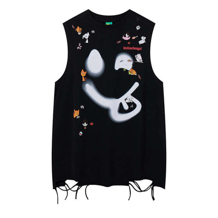 Smiley Graffiti Print Sleeveless Tank Top featuring bold graffiti design and slashed hole detailing on a black background.