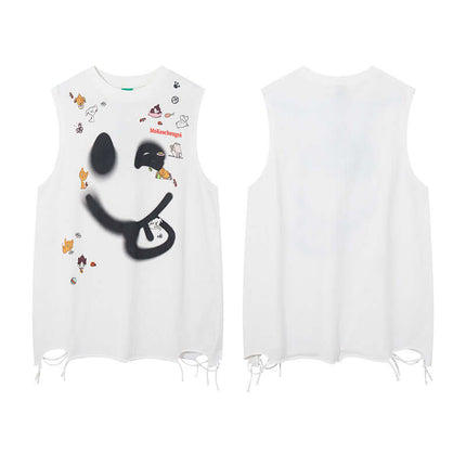 Smiley Graffiti Print Sleeveless Tank Top featuring a vibrant graffiti design and playful smiley prints.