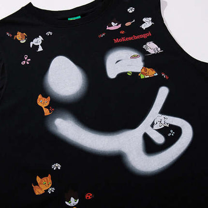 Smiley Graffiti Print Sleeveless Tank Top featuring vibrant graffiti art and playful characters on a black background.