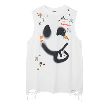 Smiley Graffiti Print Sleeveless Tank Top featuring bold street energy and slashed hole detailing for urban style.