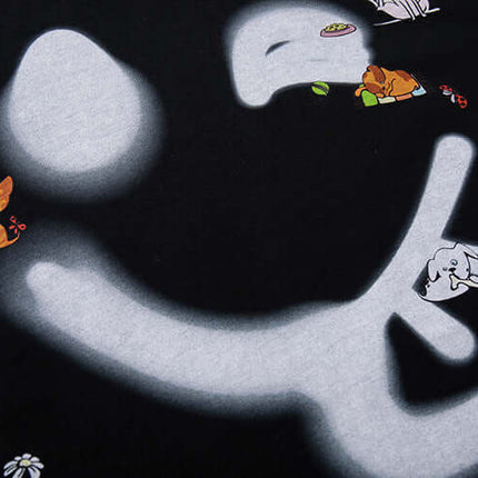 Smiley Graffiti Print Sleeveless Tank Top featuring playful animal illustrations and vibrant colors on a black background.