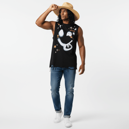 A model wearing a Smiley Graffiti Print Sleeveless Tank Top, styled with a straw hat and blue jeans.