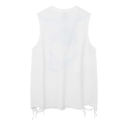 Back view of the Smiley Graffiti Print Sleeveless Tank Top in white with adjustable ties at the sides.