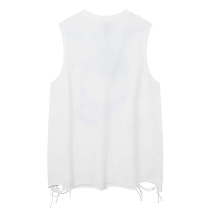 Back view of the Smiley Graffiti Print Sleeveless Tank Top in white with adjustable ties at the sides.