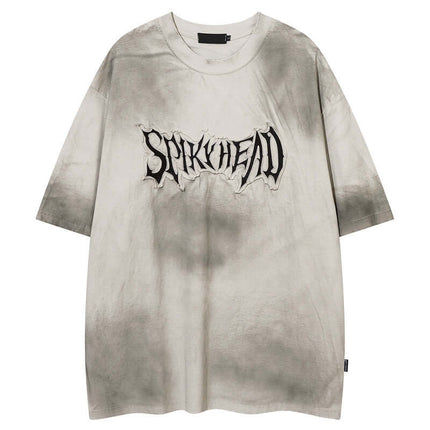 Patch Embroidery TShirt – Loose Fit featuring a trendy drop-shoulder design and letter patch embroidery detail.