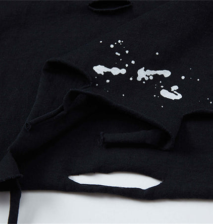 Close-up of the Splatter Ink Tank Top – Loose Fit showing the paint splatter design on black fabric.