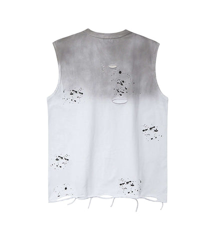 Back view of Splatter Ink Tank Top – Loose Fit featuring paint splatter design and distressed details.