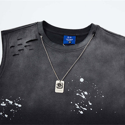Splatter Ink Tank Top – Loose Fit featuring paint splatter design and casual necklace for summer streetwear style.