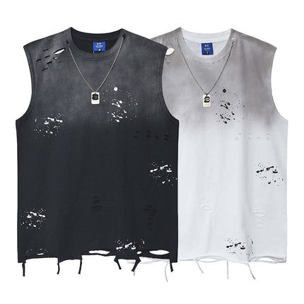 Splatter Ink Tank Top – Loose Fit in black and white with distressed details and a vintage style.