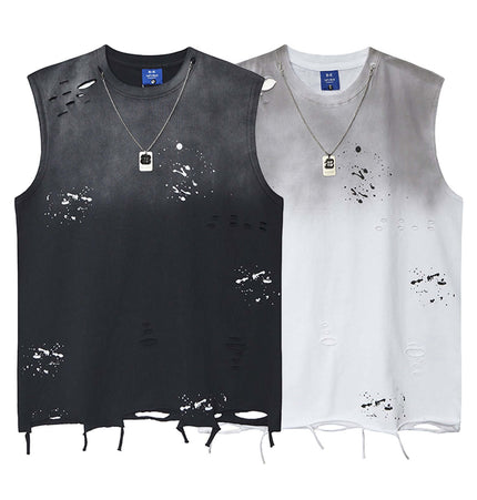 Splatter Ink Tank Top – Loose Fit in black and white with distressed details and a vintage style.