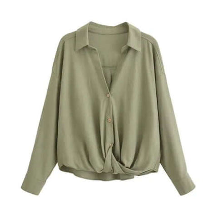 Spliced Green Shirt – Loose Fit, stylish long-sleeve blouse with a knot detail in solid green color.