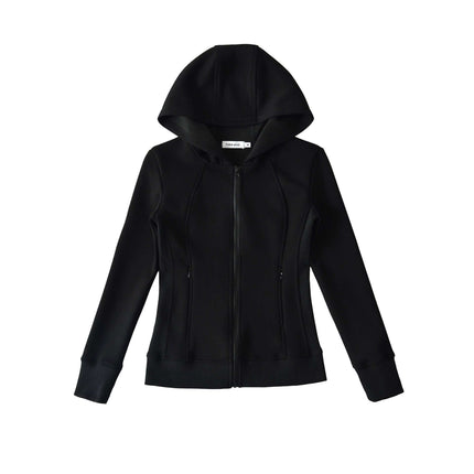 Splicing Zipper Velvet Hoodie Jacket in black, featuring a sporty design and long sleeves for stylish casual wear.