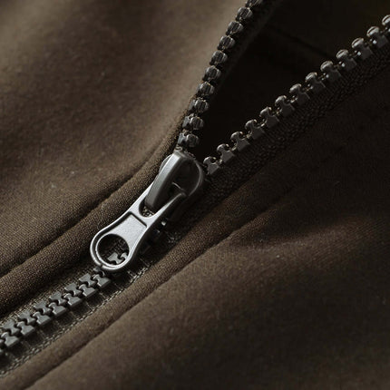 Close-up of the zipper detail on the Splicing Zipper Velvet Hoodie Jacket, showcasing sleek design and quality craftsmanship.