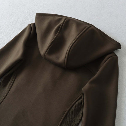 Splicing Zipper Velvet Hoodie Jacket showing back view design with a hood and slim-fit silhouette.