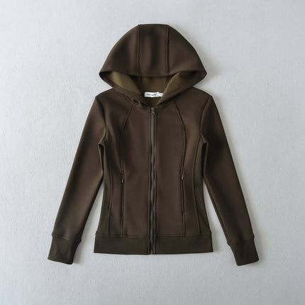 Splicing Zipper Velvet Hoodie Jacket shown from the front, featuring a zippered design and hood.