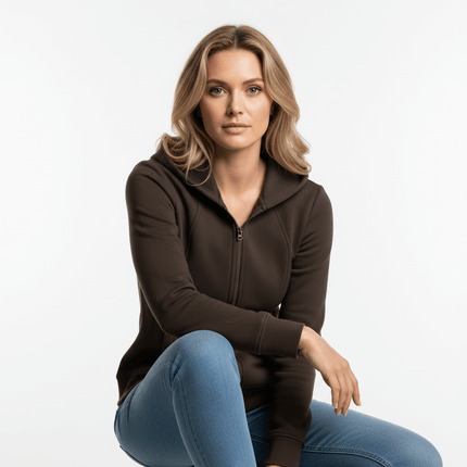 Model wearing a Splicing Zipper Velvet Hoodie Jacket in dark brown, showcasing stylish street fashion.