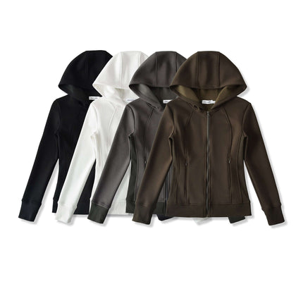 Splicing Zipper Velvet Hoodie Jacket available in black, white, grey, and brown colors on a white background.