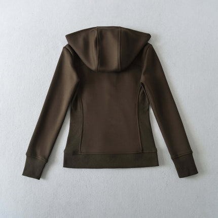 Back view of Splicing Zipper Velvet Hoodie Jacket in brown, showcasing the stylish hood and slim-fit design.