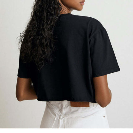 Sport Crop Cotton Top - Loose Fit, back view of woman in black cropped cotton top.