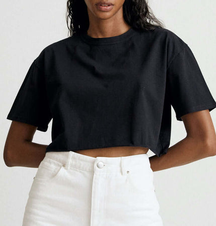 Sport Crop Cotton Top - Loose Fit in black, showcasing relaxed fit and casual style, perfect for summer wear.