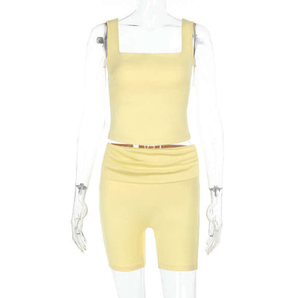Square Collar Pleated Two-Piece Set featuring a stylish square-neck top and matching shorts in soft yellow.