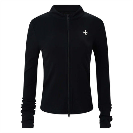 Stand Collar Knit Cardigan – Slim Fit in black with zip-up front and stylish design.