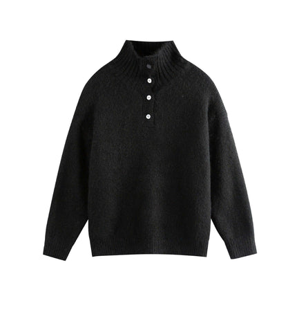 Stand Collar Pullover Sweater - Loose Fit in black, featuring a buttoned high-neck design and relaxed fit.