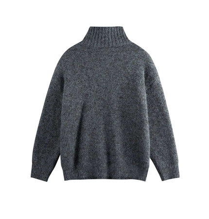 Stand Collar Pullover Sweater - Loose Fit in gray, showcasing a high-neck collar and loose design from the back.