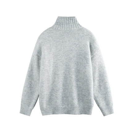 Stand Collar Pullover Sweater - Loose Fit in light gray with high-neck and relaxed design.