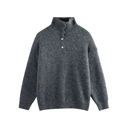 Stand Collar Pullover Sweater - Loose Fit in dark gray with buttoned high neck and relaxed fit.