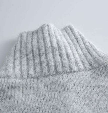 Stand Collar Pullover Sweater - Loose Fit close-up of the high-neck collar in light gray.