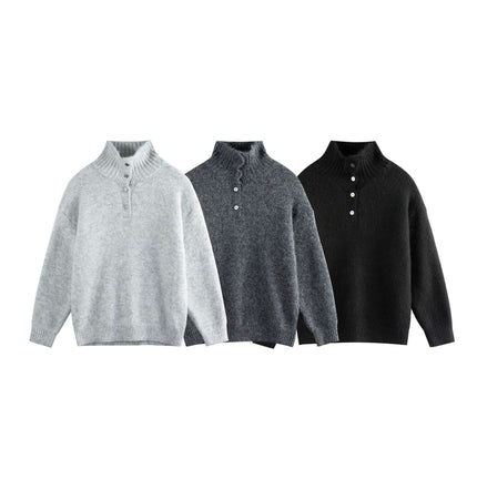 Stand Collar Pullover Sweater - Loose Fit in grey, charcoal, and black showcasing a high-neck design.