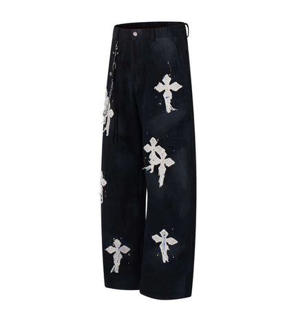 Straight Leg Patchwork Denim Jeans featuring cross patch embroidery and hand-painted details