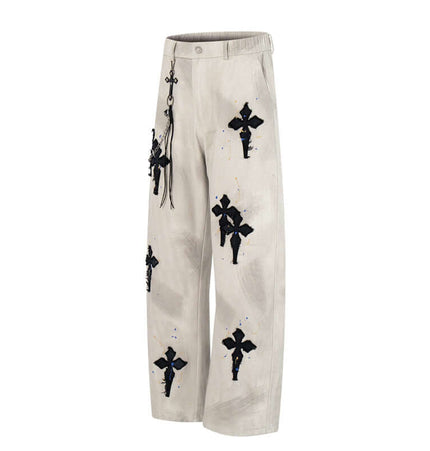 Straight Leg Patchwork Denim Jeans featuring cross patch embroidery and hand-painted detailing.