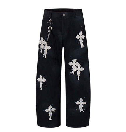 Straight Leg Patchwork Denim Jeans featuring cross patch embroidery and hand-painted details.