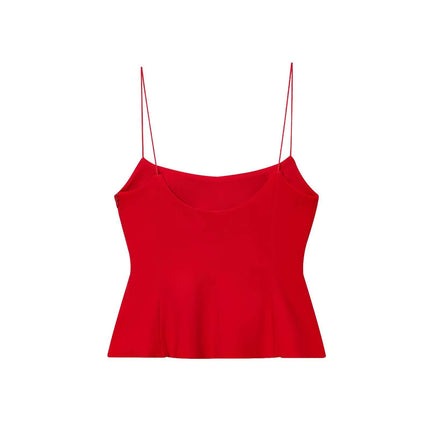 Strapless Camisole Tank Top – Slim Fit in bold red with delicate straps and a flared hem for a chic, modern look.