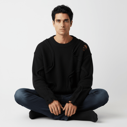 Street Tide Thick Knit Sweater – Loose Fit worn by a man sitting cross-legged, featuring a relaxed fit and black color.