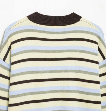 Striped Denim Short Knit Cardigan featuring a modern design with bold stripes and color-blocking details.