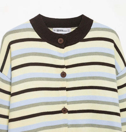 Striped Denim Short Knit Cardigan featuring bold stripe patterns and buttons, perfect for a trendy casual look.
