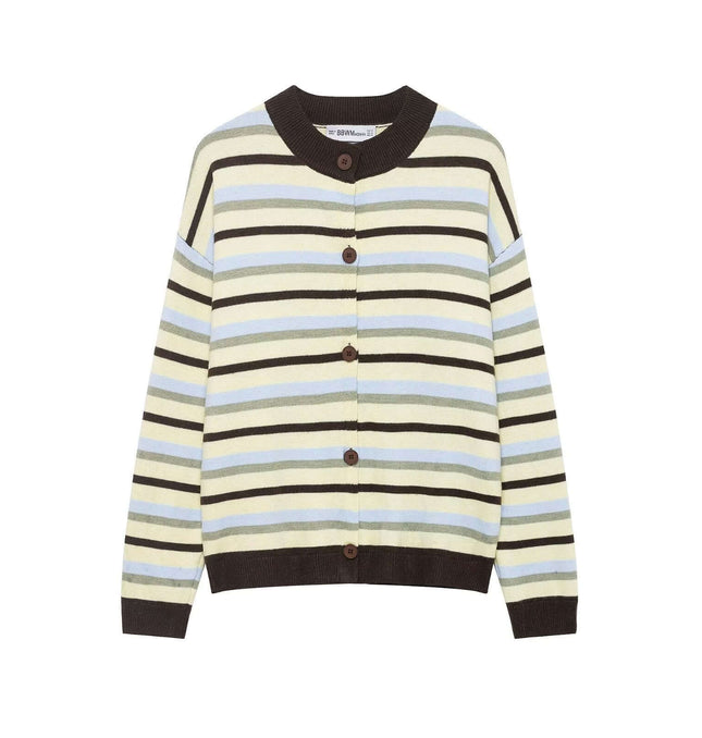Striped Denim Short Knit Cardigan featuring bold stripe pattern and modern round neck design.