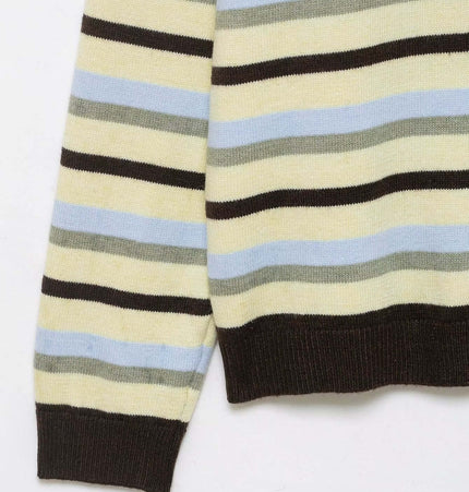 Striped Denim Short Knit Cardigan showing the unique striped pattern and color-blocking details.