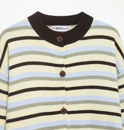 Striped Denim Short Knit Cardigan in soft fabric with round neck and brown buttons, featuring a bold stripe pattern.