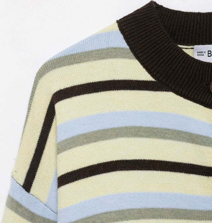 Striped Denim Short Knit Cardigan featuring bold stripes and color-blocking design.