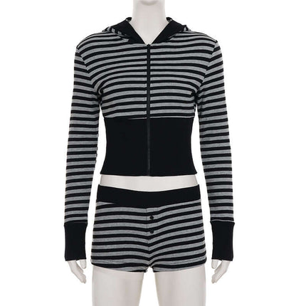 Striped Slim Fit Hooded Shorts Tracksuit featuring a hooded top and matching shorts in a sleek striped design.