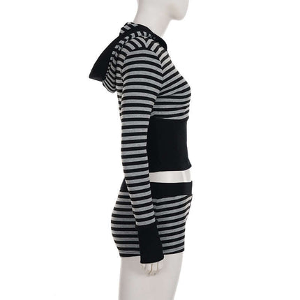Striped Slim Fit Hooded Shorts Tracksuit displayed on mannequin in profile view, showcasing stylish striped design.