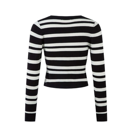 Back view of Striped VNeck Knit Cardigan – Slim Fit showcasing black and white stripes and a fitted silhouette.