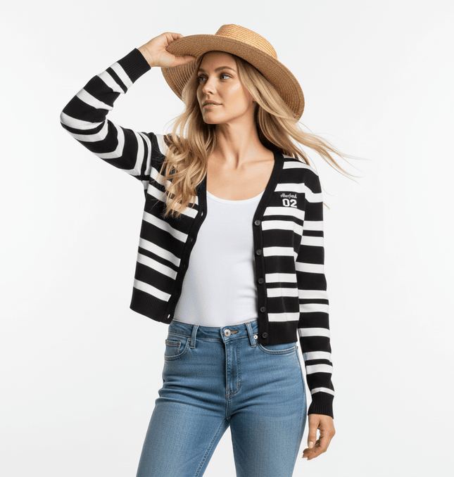 Striped VNeck Knit Cardigan – Slim Fit worn by a woman in a casual outfit with a straw hat.