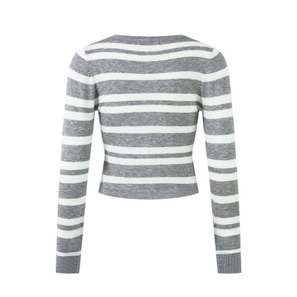 Back view of Striped VNeck Knit Cardigan – Slim Fit showcasing gray and white stripes.