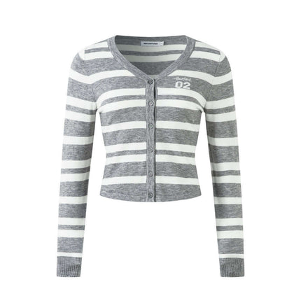 Striped VNeck Knit Cardigan – Slim Fit in gray and white with long sleeves and button closure.